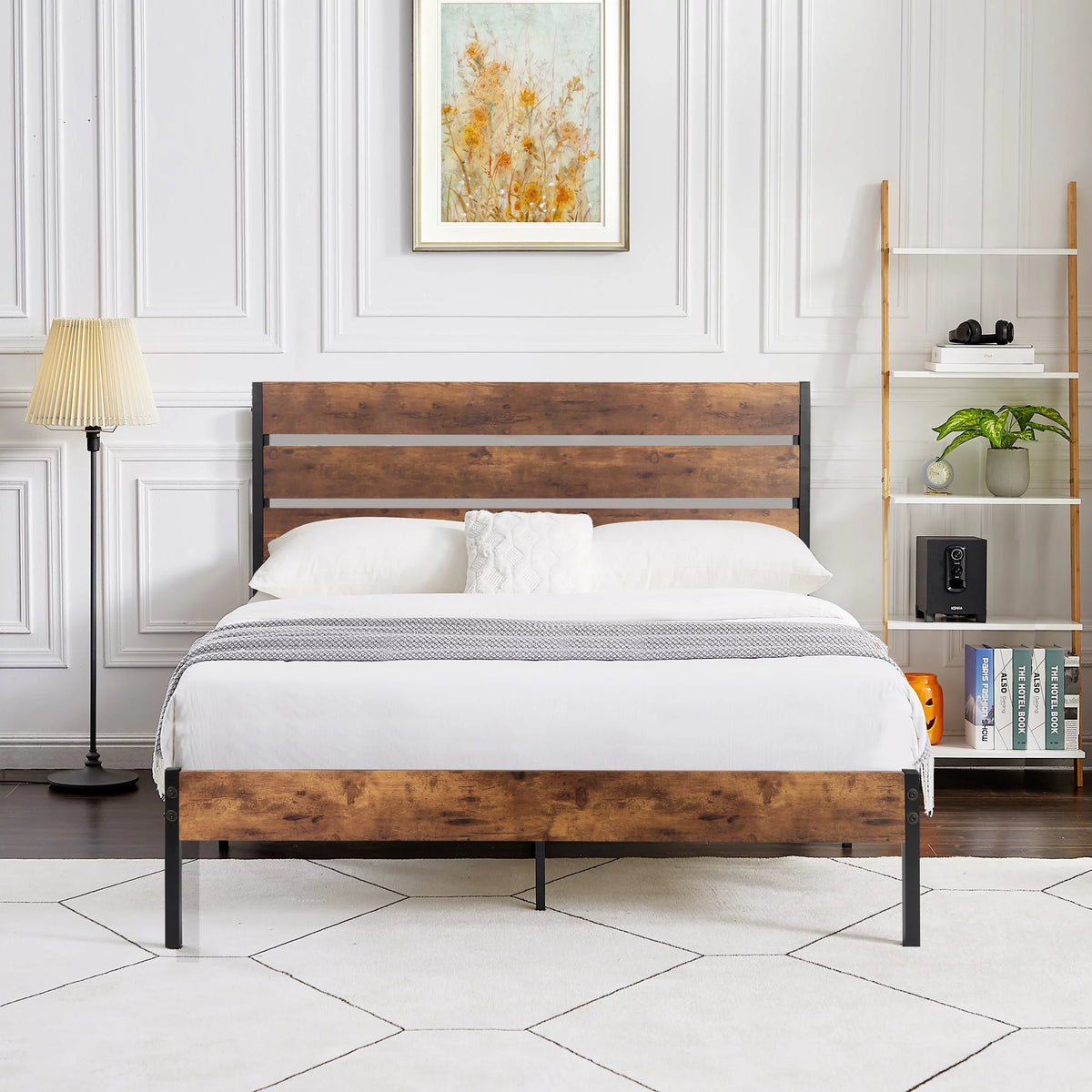 3-Piece Bedroom Set with 2 Nightstands, Full Size Metal Bed Frame with Wooden Headboard, Brown F19692