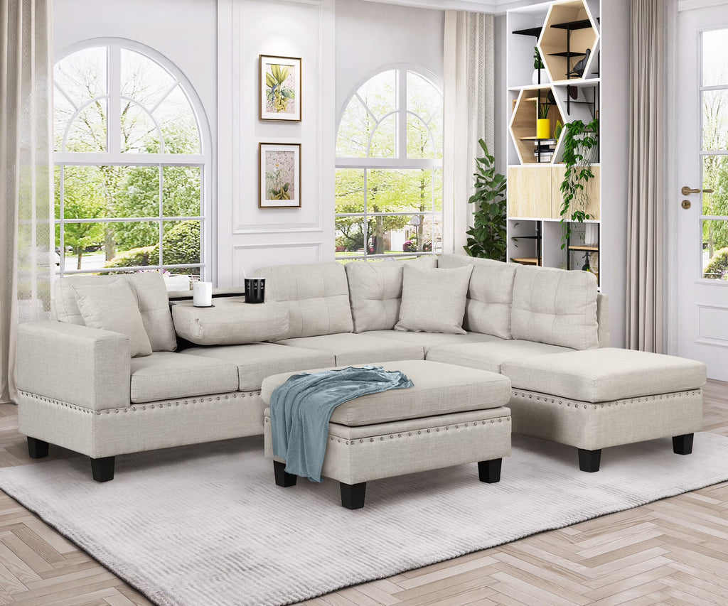 Light Gray Sectional Sofa with Storage Ottoman and Cup Holder D522
