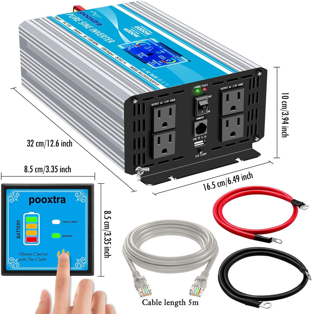 2000 Watt Pure Sine Wave Power Inverter 12V DC to 110V AC with LCD Display USB Port 4 AC Outlets R7298