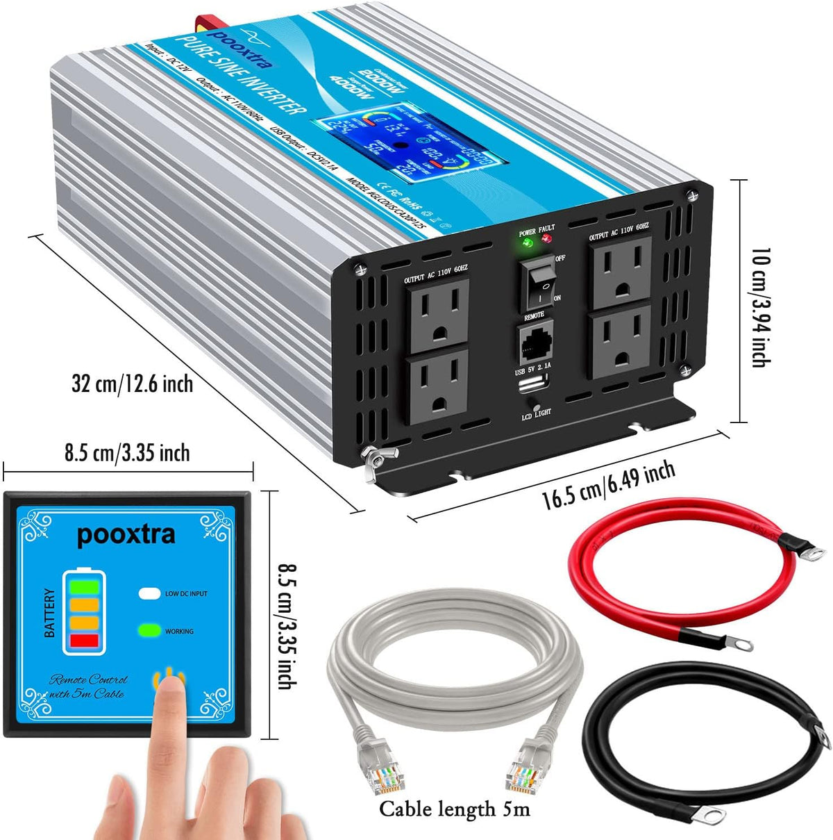 2000 Watt Pure Sine Wave Power Inverter 12V DC to 110V AC with LCD Display USB Port 4 AC Outlets R7298