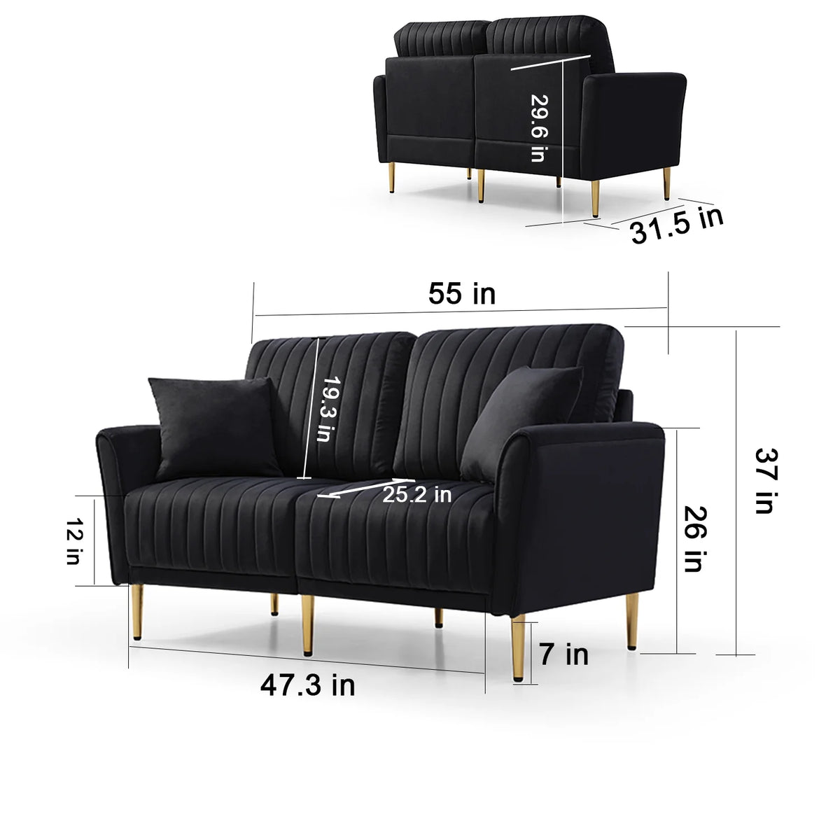 Black Fabric Upholstered Sofa with 2 Pillows S5400