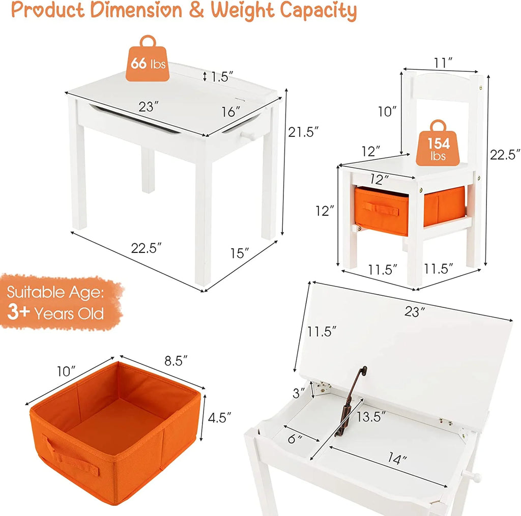 White Kids Table and Chair Set with Storage J433625