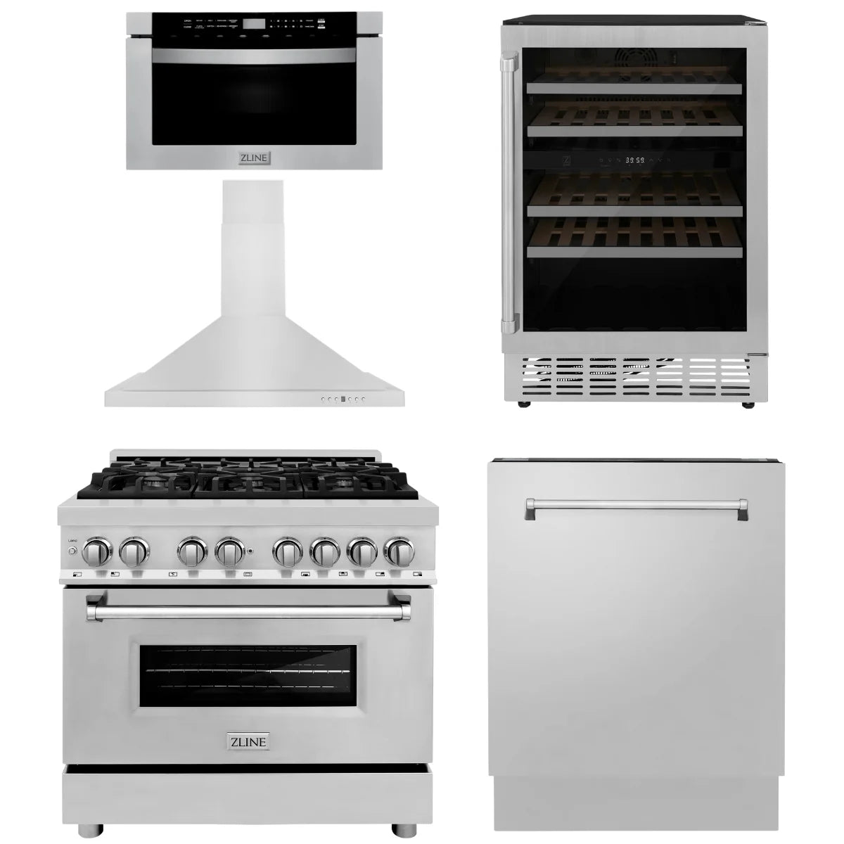 36 Dual Fuel Range, Range Hood, Microwave Drawer, Dishwasher and Wine Cooler J32553