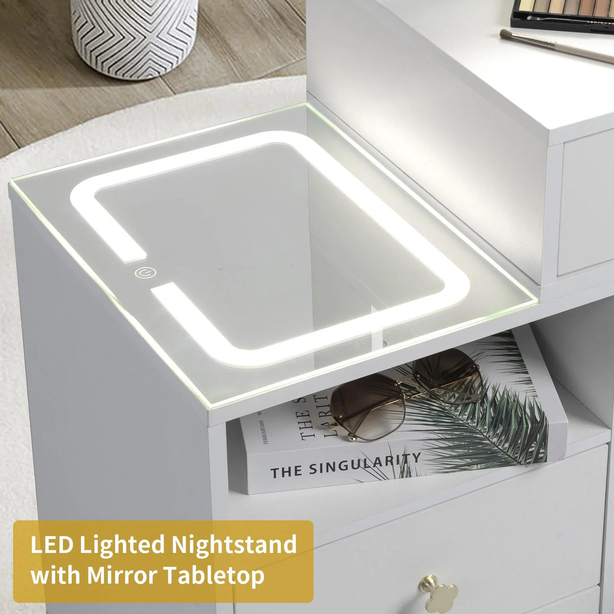 White Lighted Vanity Table Set with LED Nightstand V127