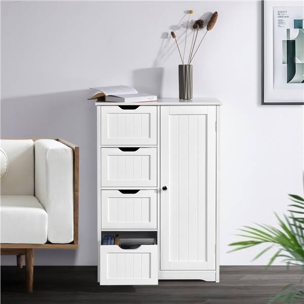 White Four Drawer Wooden Bathroom Floor Cabinet P230903