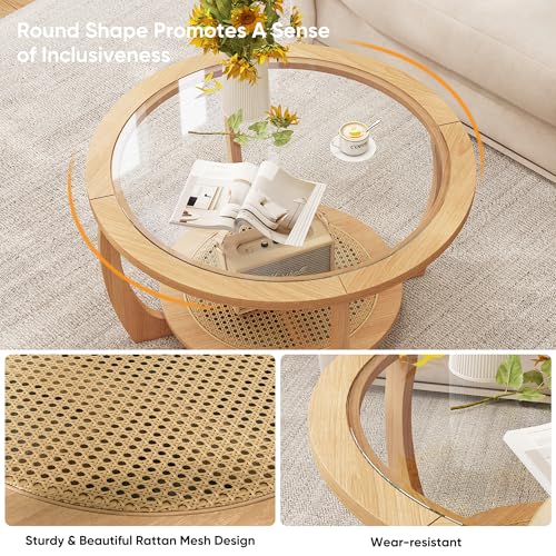 Round Wood Glass Rattan Coffee Table A1180