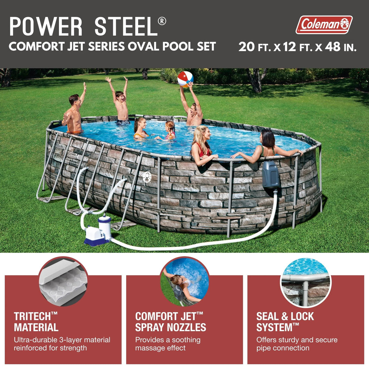Coleman 20' Power Steel Comfort Jet Oval 48 Deep Metal Frame Above Ground Pool D3089