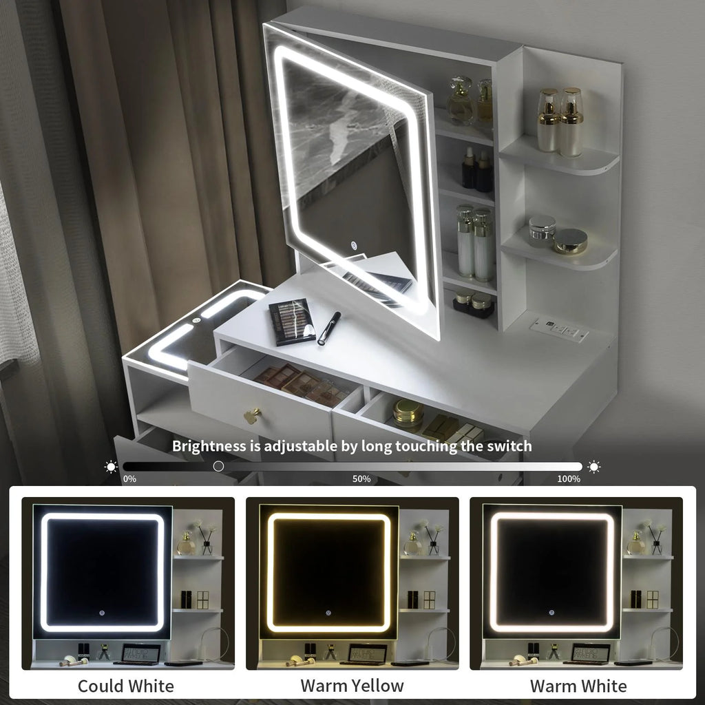 White Lighted Vanity Table Set with LED Nightstand V127