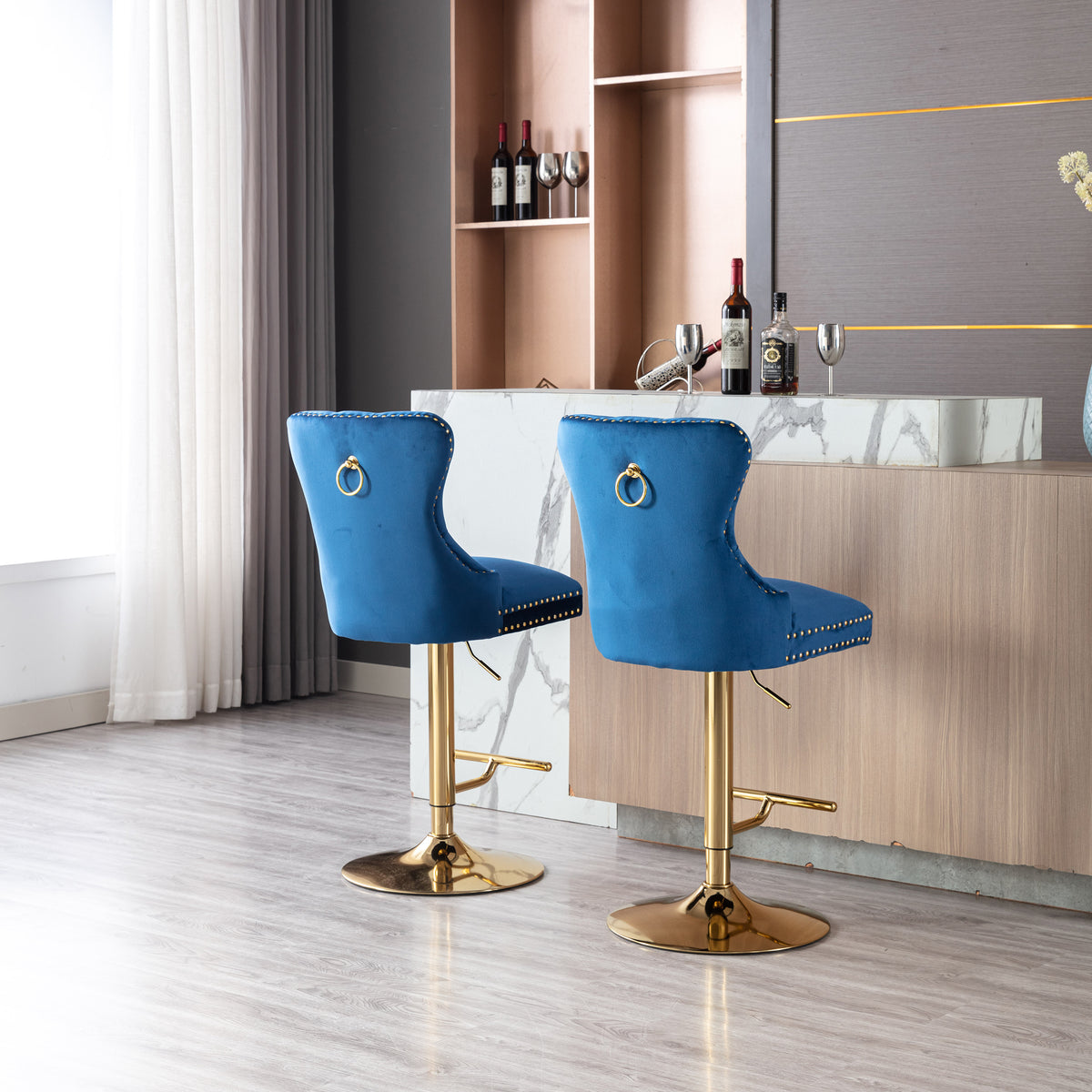 Blue Velvet Swivel Bar Stools Set Of 2 Adjustable Counter Height I954544