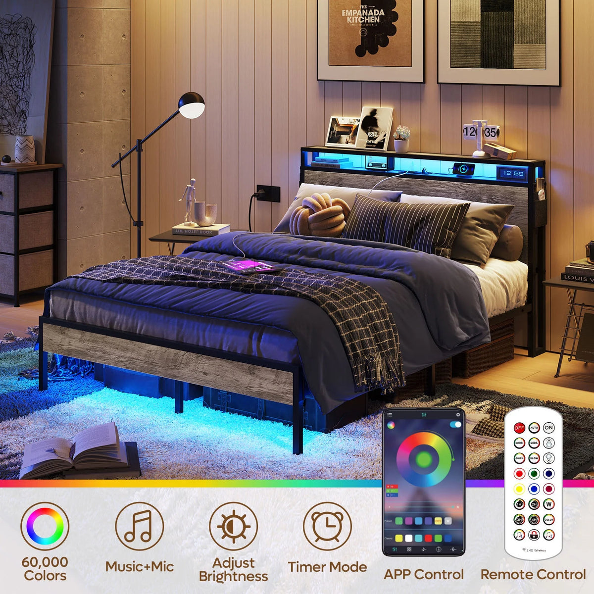 Queen Size Platform Bed with Storage Headboard N1257
