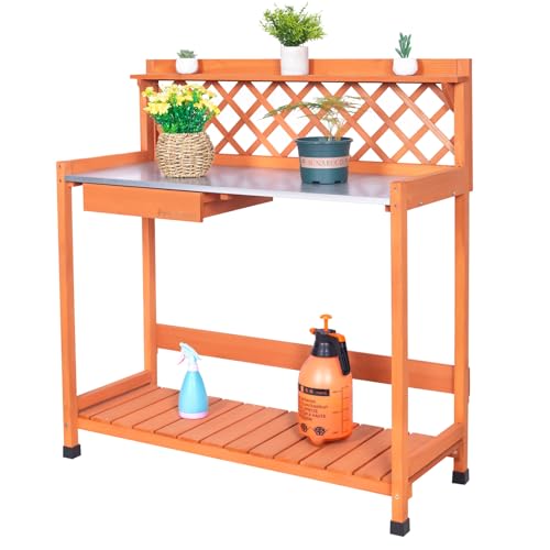 Outdoor Wooden Potting Bench with Metal Tabletop Y33596