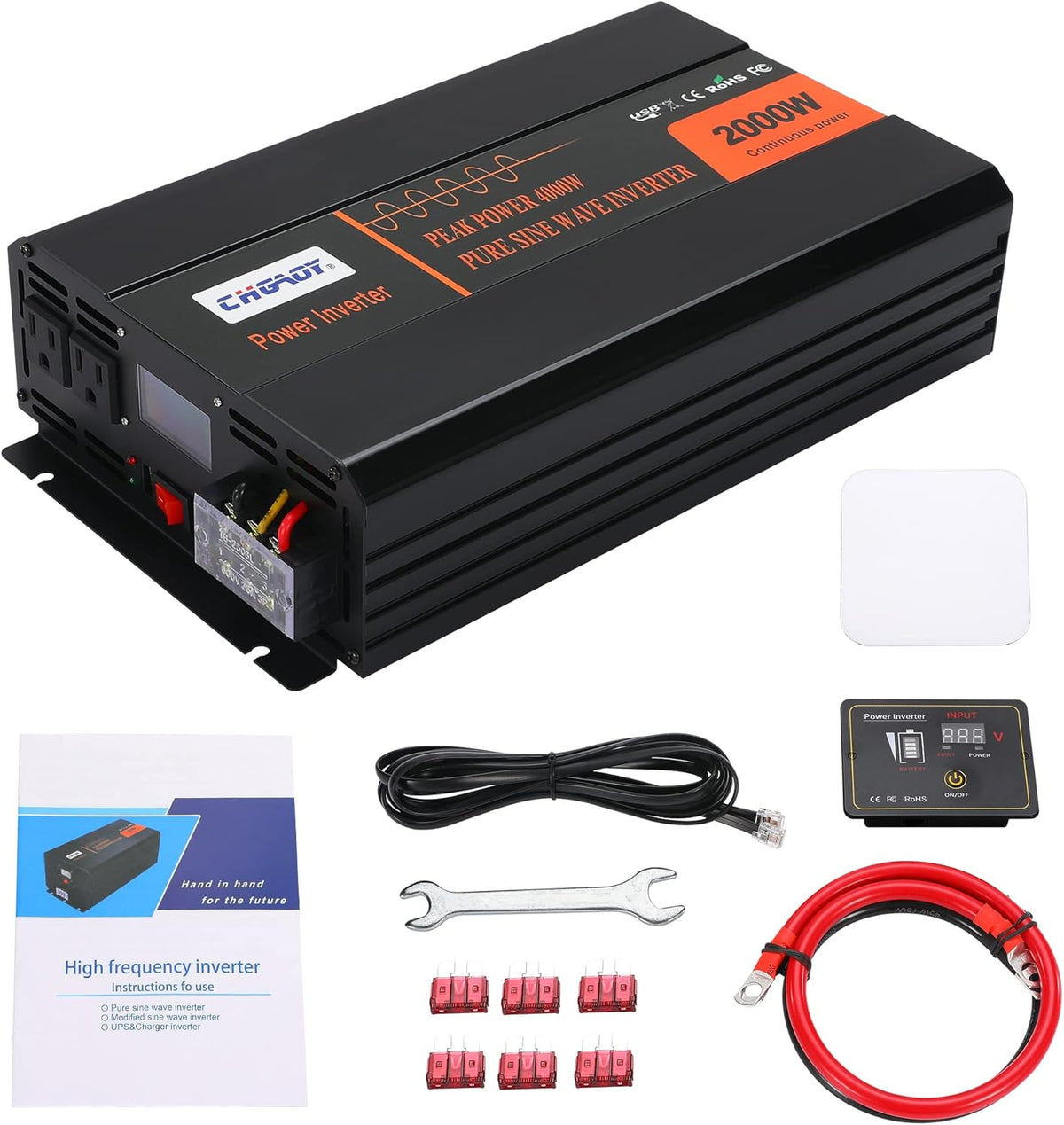 2000W Pure Sine Wave Power Inverter DC 12V to AC 120V with LCD Display Remote Control USB Port B739