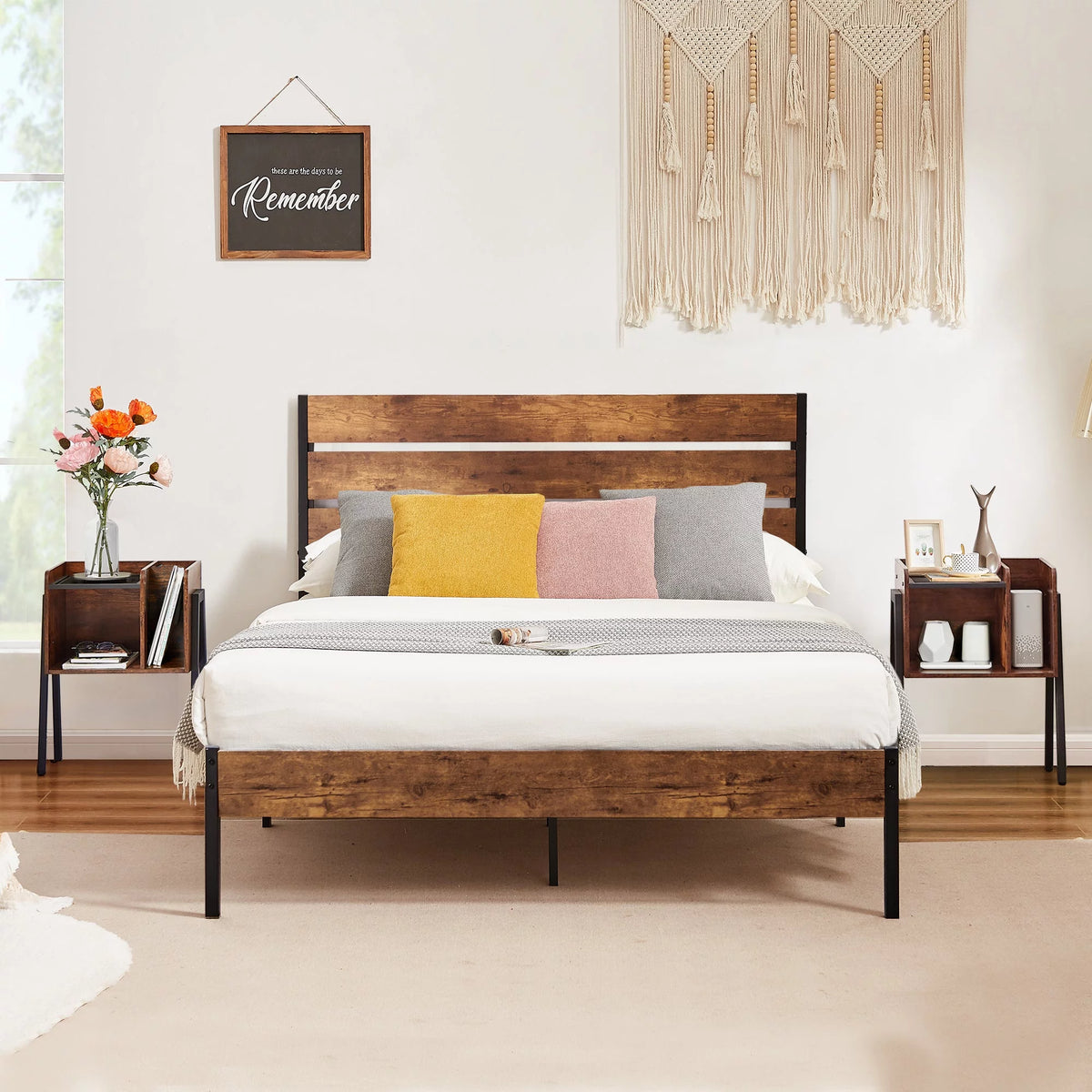 3-Piece Bedroom Set with 2 Nightstands, Full Size Metal Bed Frame with Wooden Headboard, Brown F19692