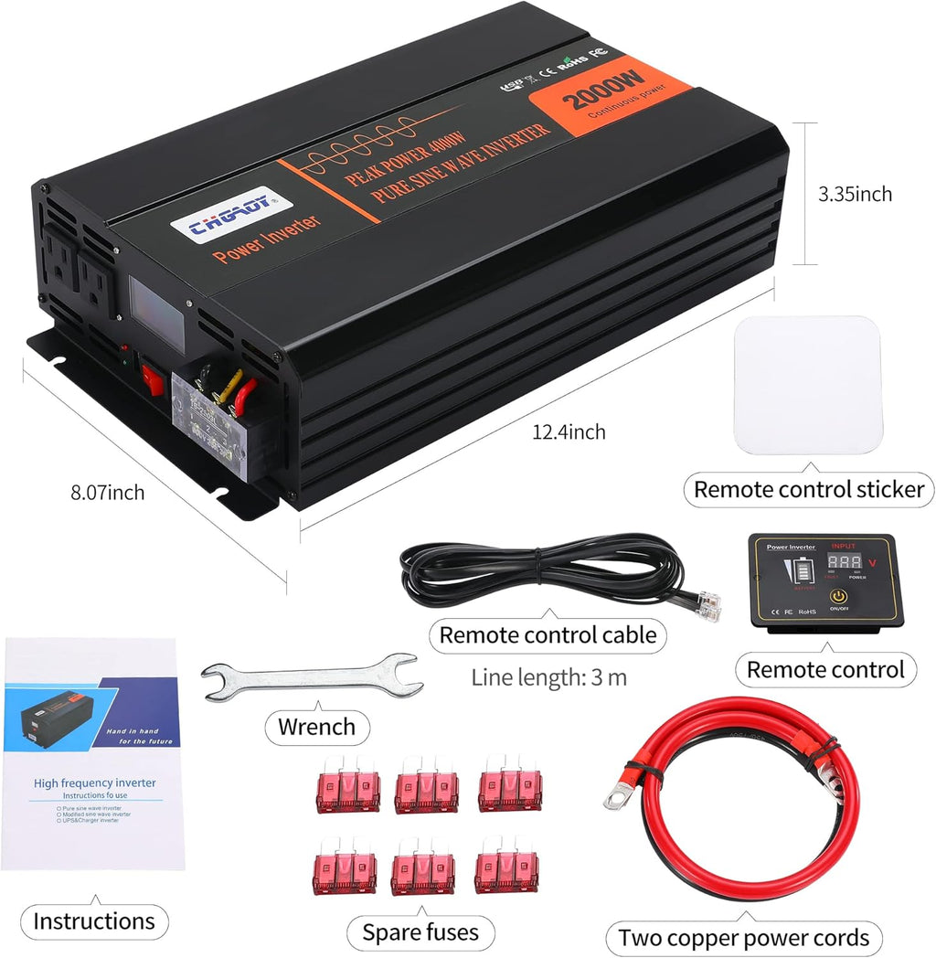 2000W Pure Sine Wave Power Inverter DC 12V to AC 120V with LCD Display Remote Control USB Port B739