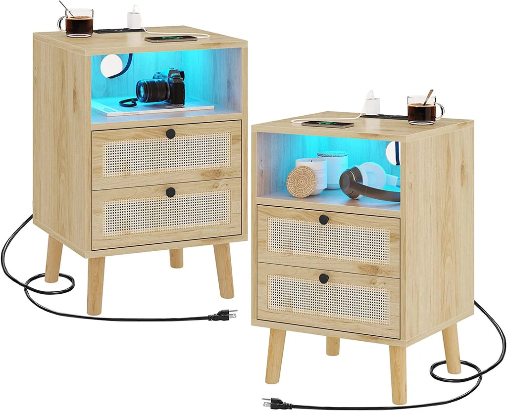 Black Wood Nightstand with 2 Rattan Drawers and USB Ports L480