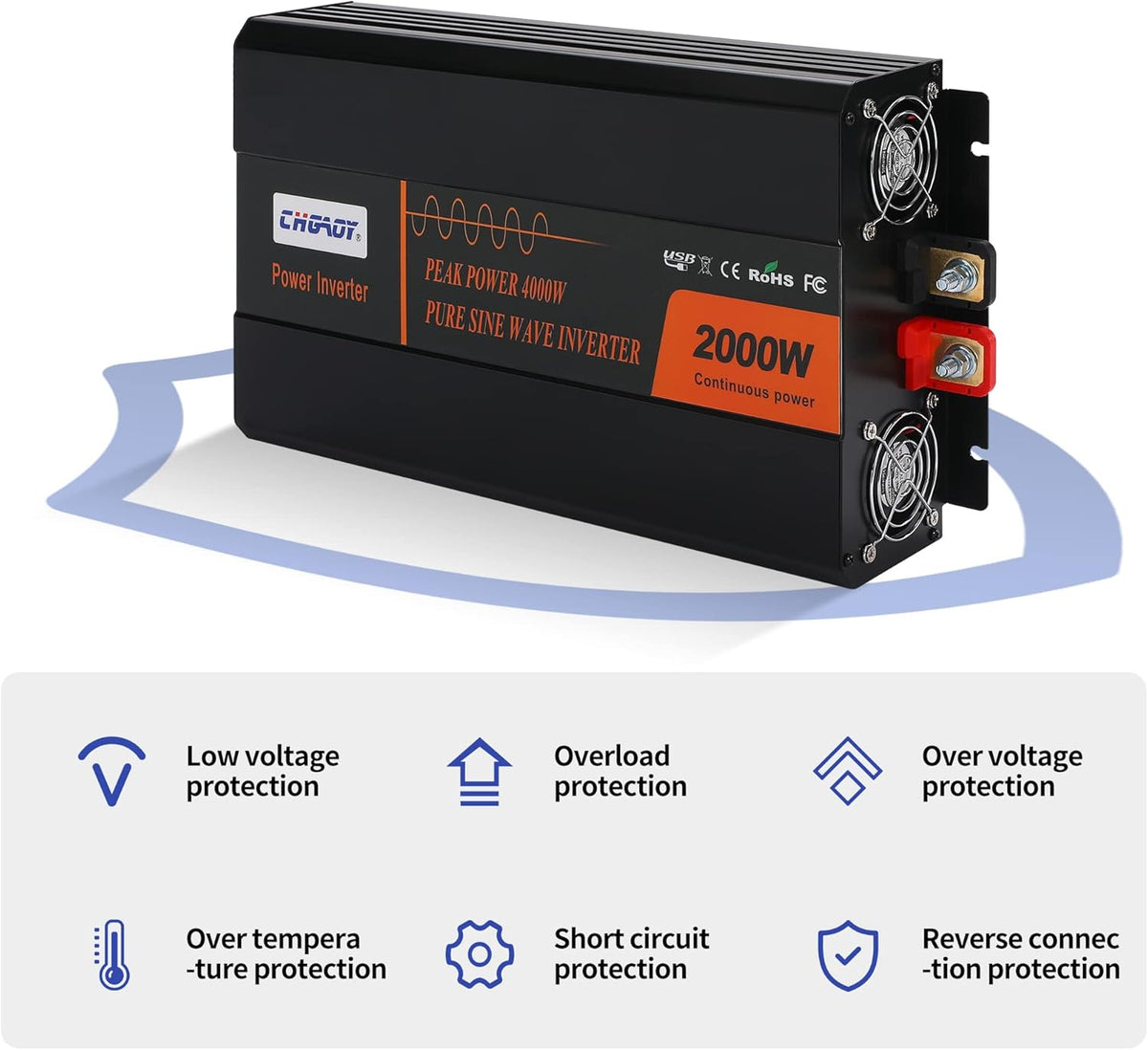 2000W Pure Sine Wave Power Inverter DC 12V to AC 120V with LCD Display Remote Control USB Port B739