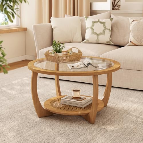 Round Wood Glass Rattan Coffee Table A1180