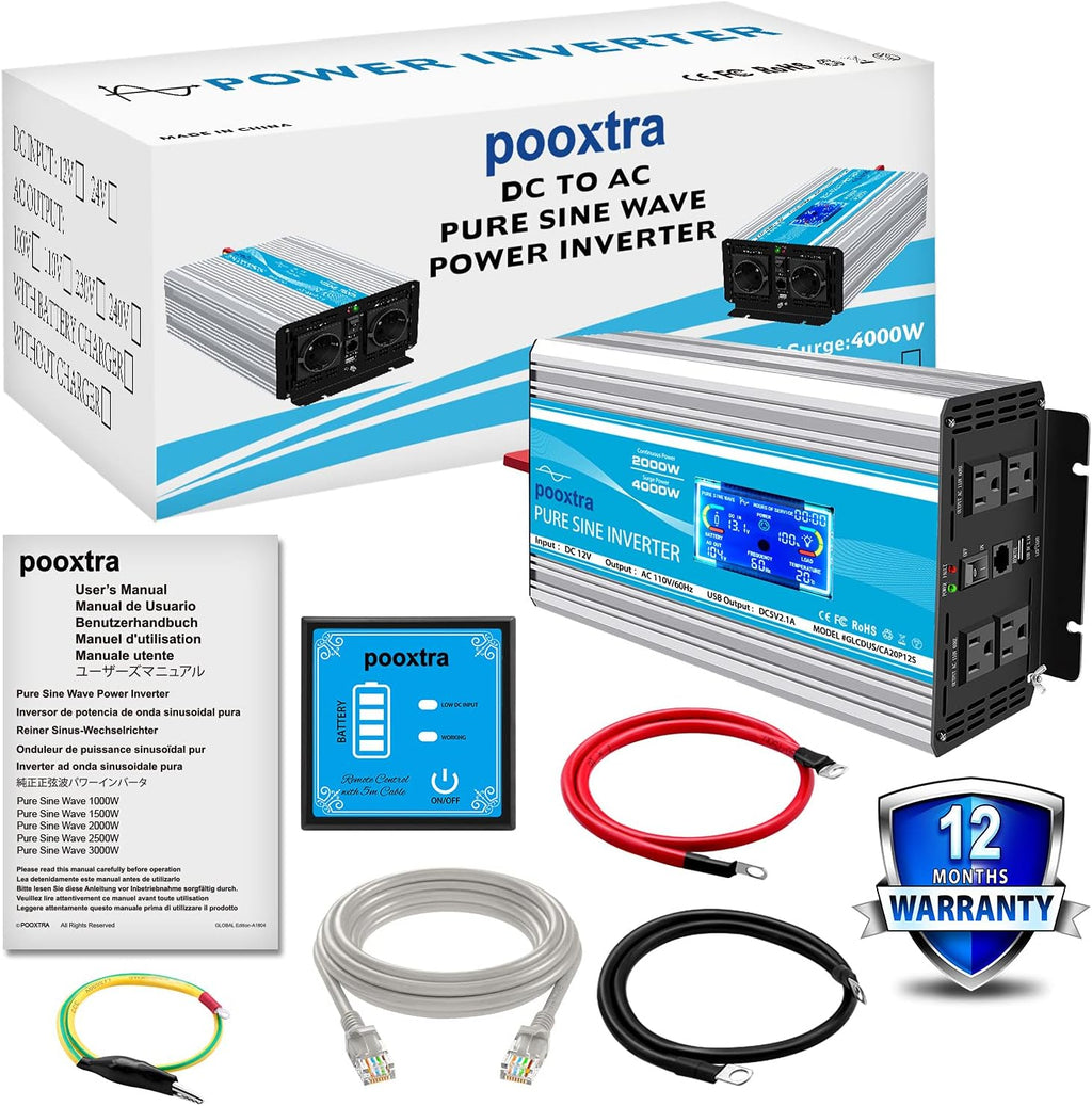 2000 Watt Pure Sine Wave Power Inverter 12V DC to 110V AC with LCD Display USB Port 4 AC Outlets R7298