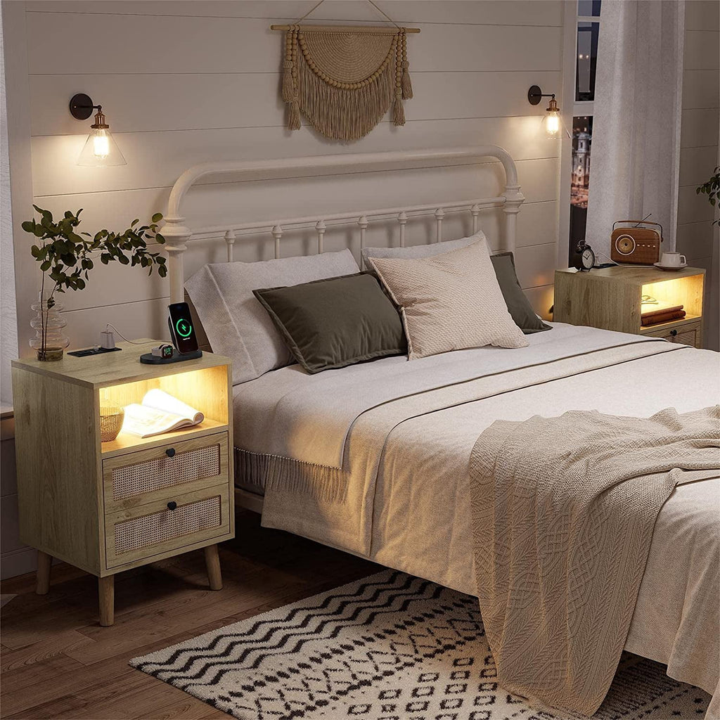 Black Wood Nightstand with 2 Rattan Drawers and USB Ports L480
