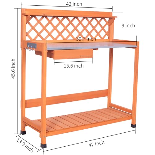 Outdoor Wooden Potting Bench with Metal Tabletop Y33596