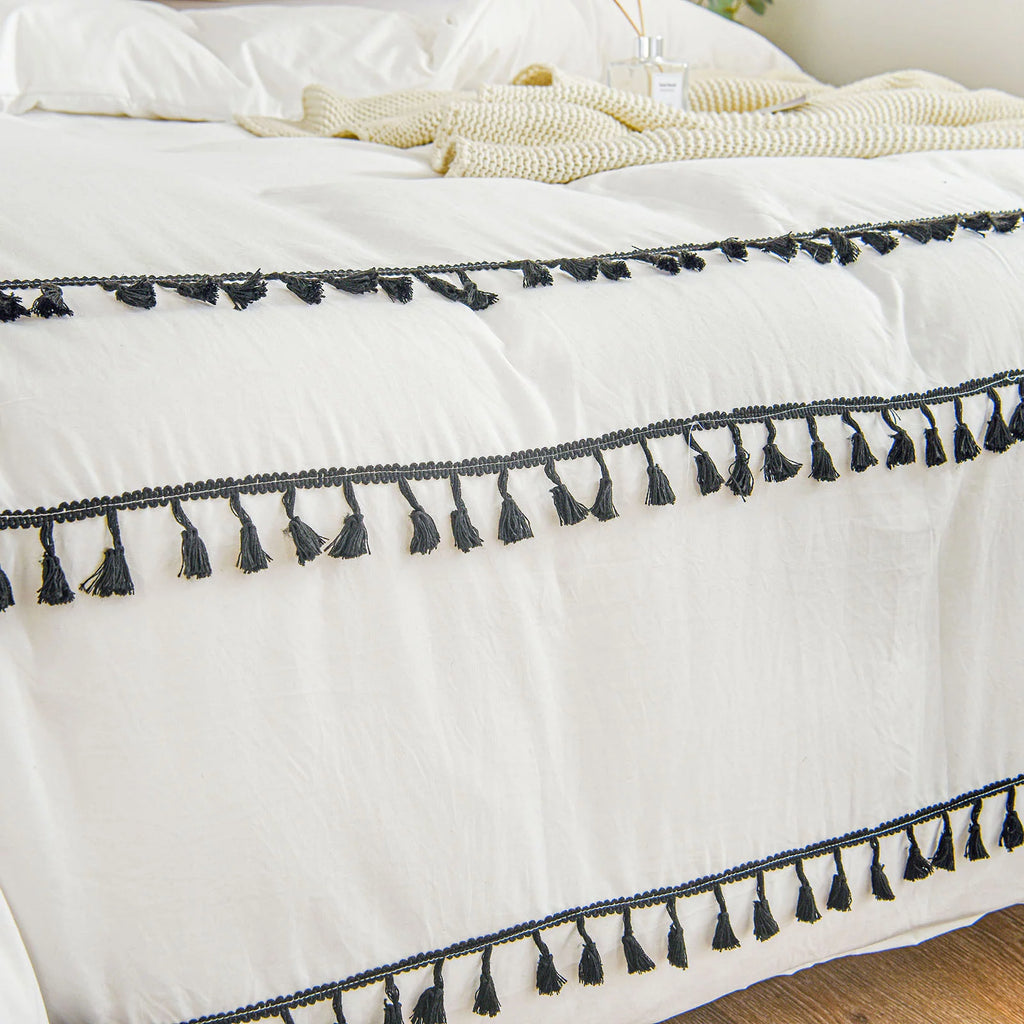 White Black Tassel King Duvet Cover Set Z77352