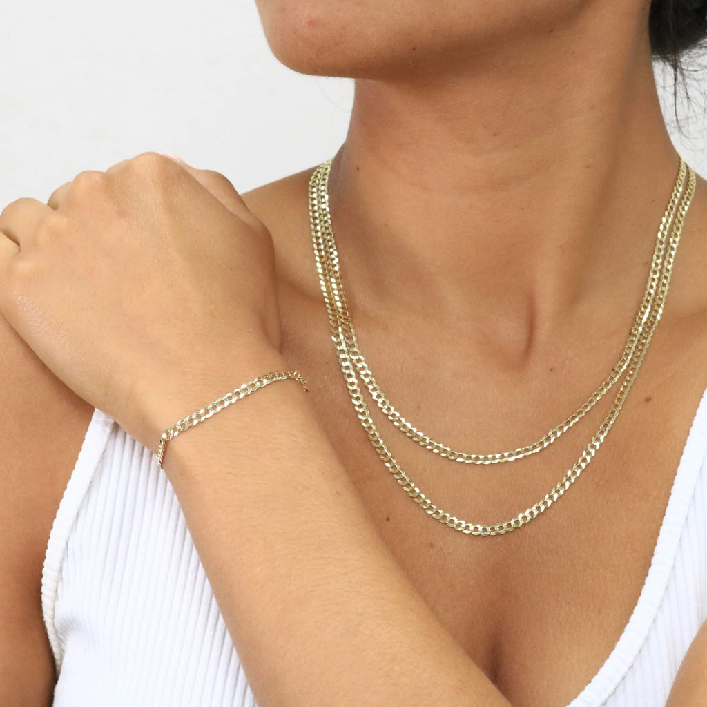14k Yellow Gold 4mm Solid Cuban Curb Link Chain Bracelet O183