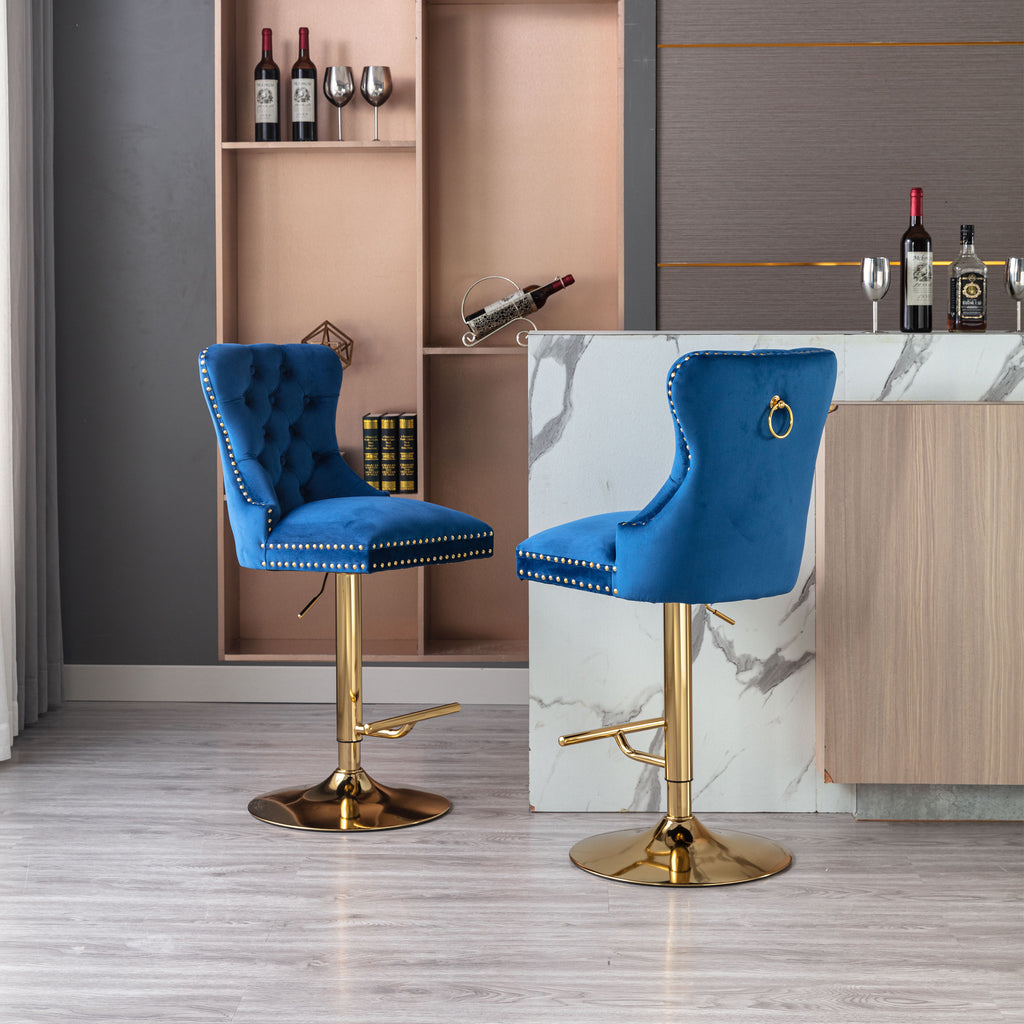 Blue Velvet Swivel Bar Stools Set Of 2 Adjustable Counter Height I954544