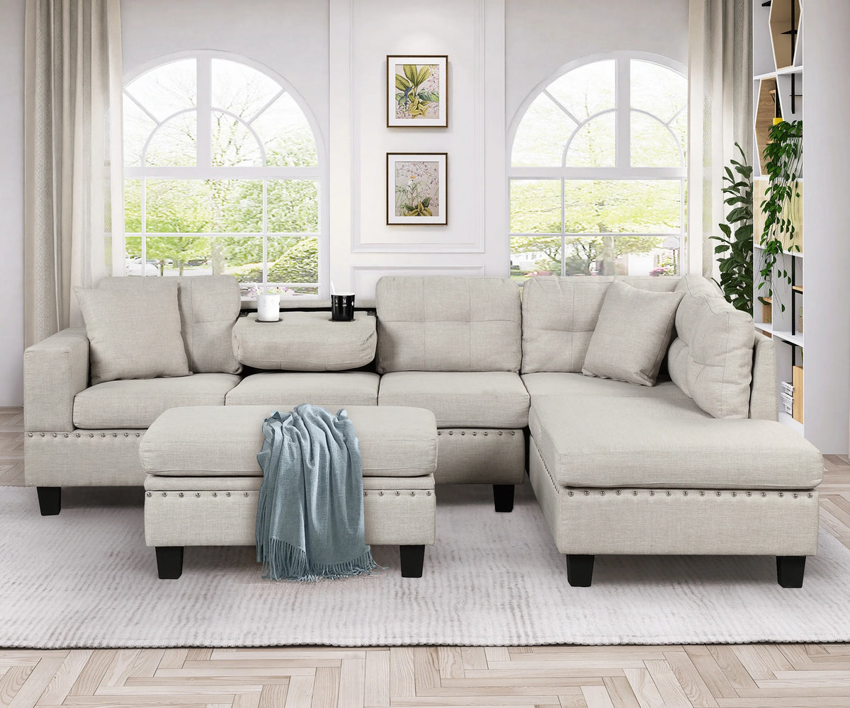 Light Gray Sectional Sofa with Storage Ottoman and Cup Holder D522