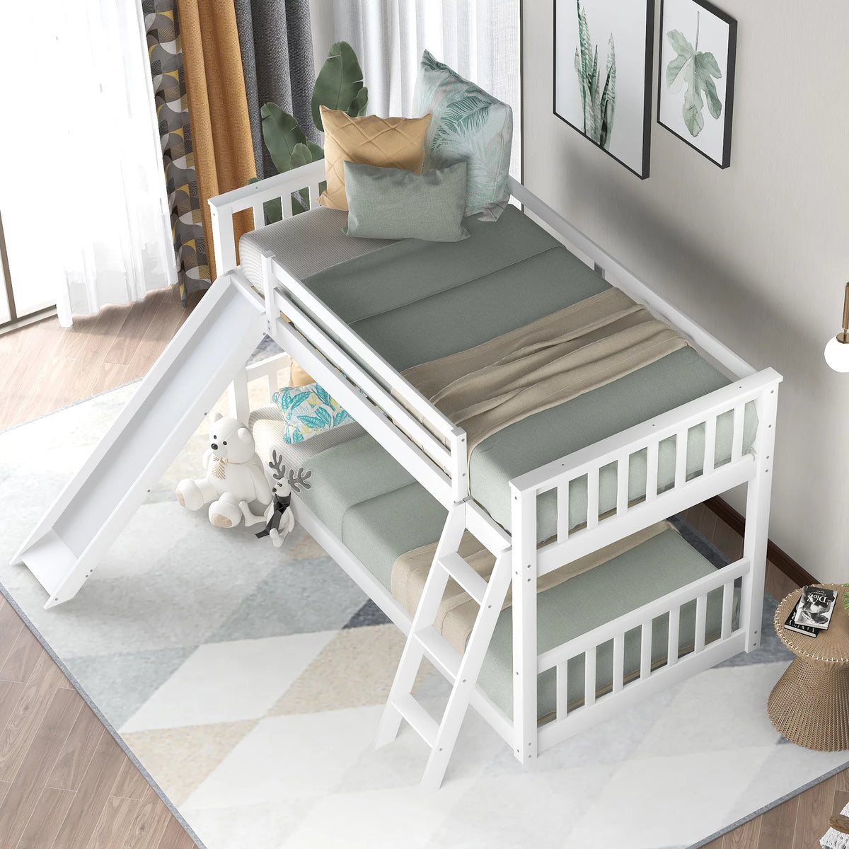 Twin over Twin Solid Wood Bunk Bed with Slide and Ladder V844613