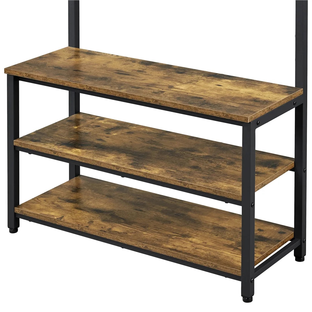 Rustic Brown 3-in-1 Industrial Hall Tree with Shoe Storage & Hooks G610643
