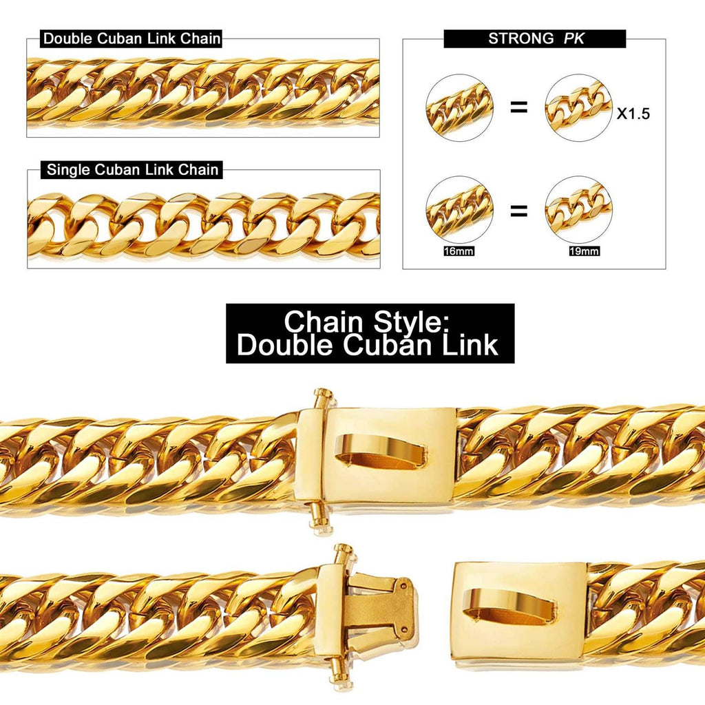 Gold Chain Dog Collar 16MM Cuban Link with Snap Buckle J321