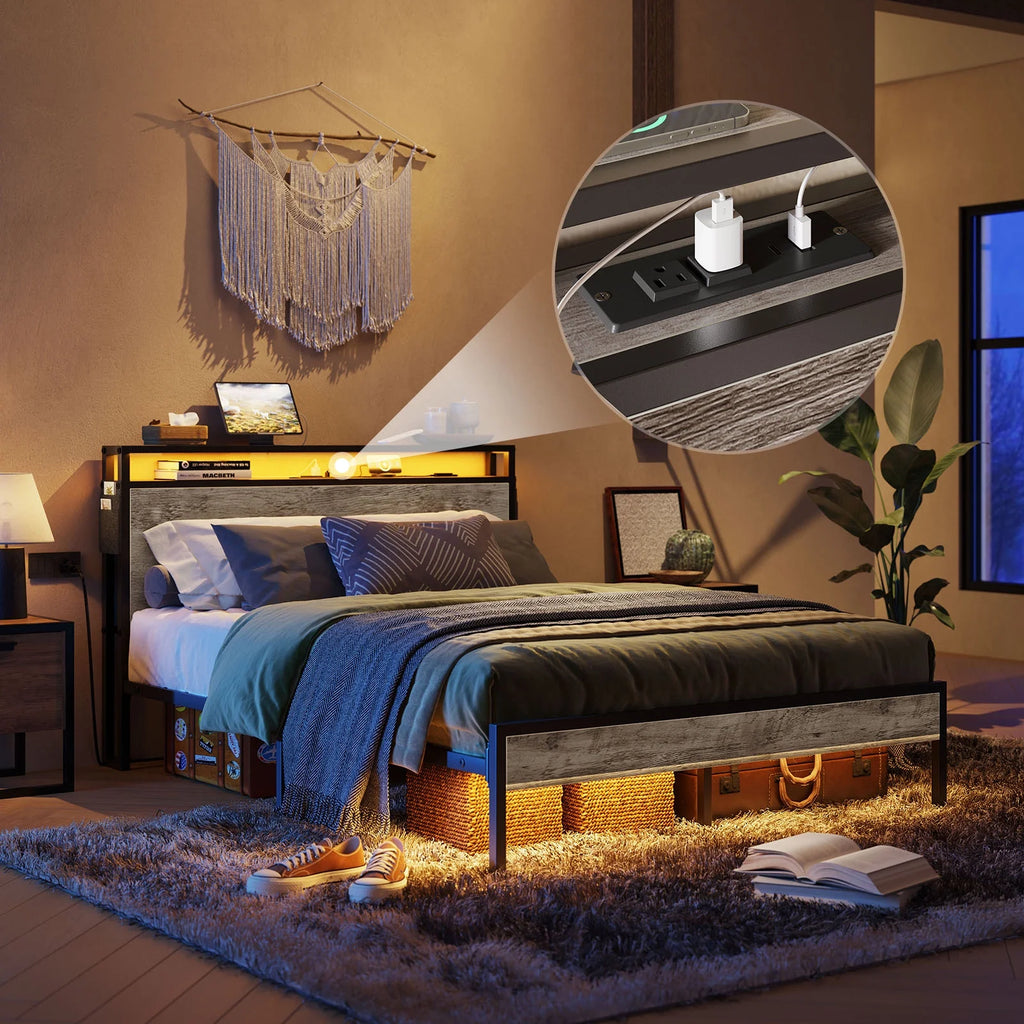 Queen Size Platform Bed with Storage Headboard N1257