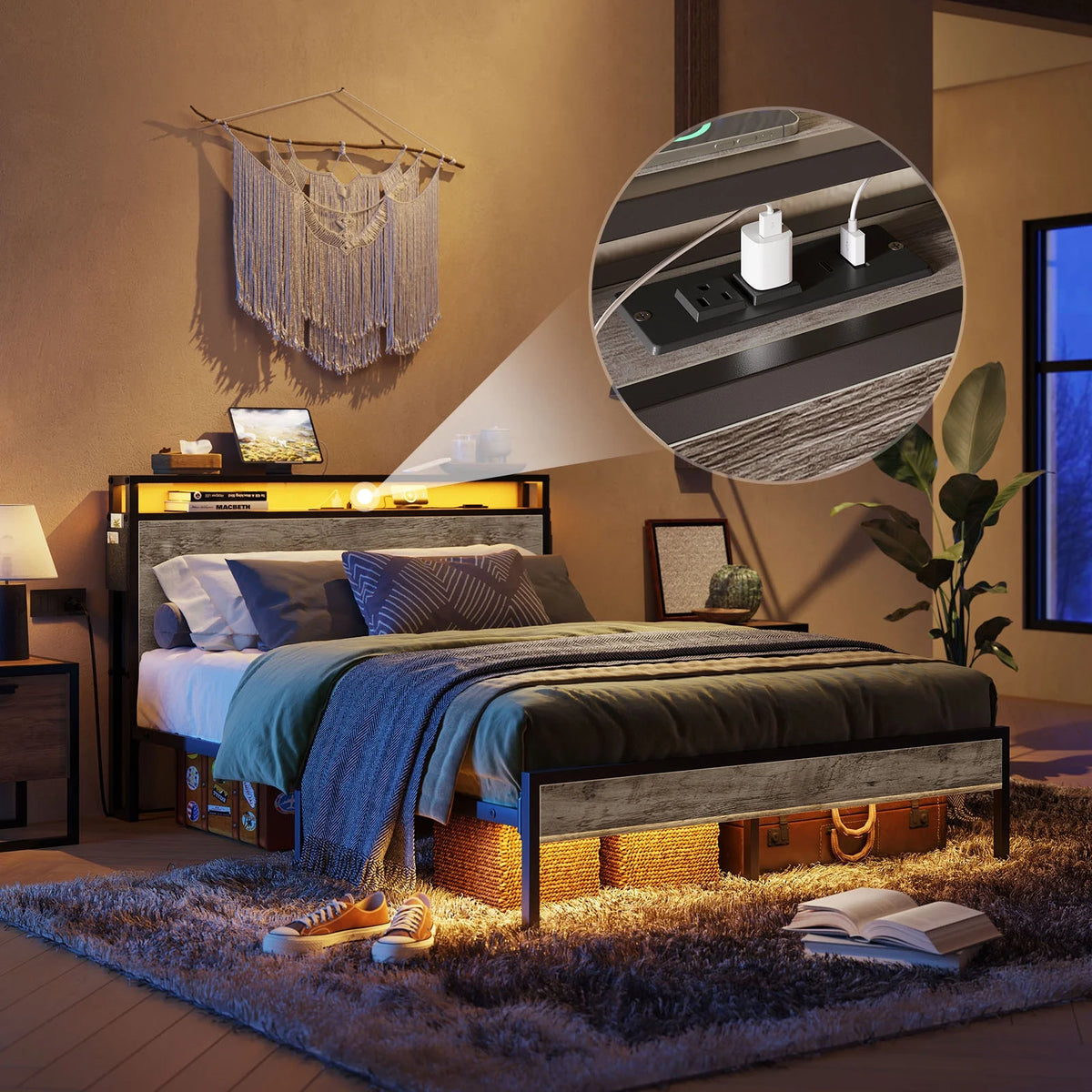 Queen Size Platform Bed with Storage Headboard N1257