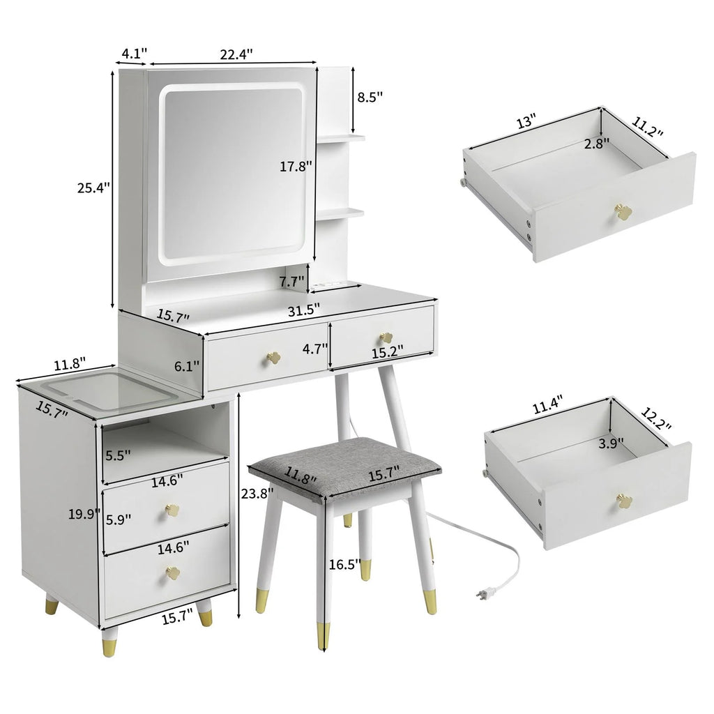 White Lighted Vanity Table Set with LED Nightstand V127