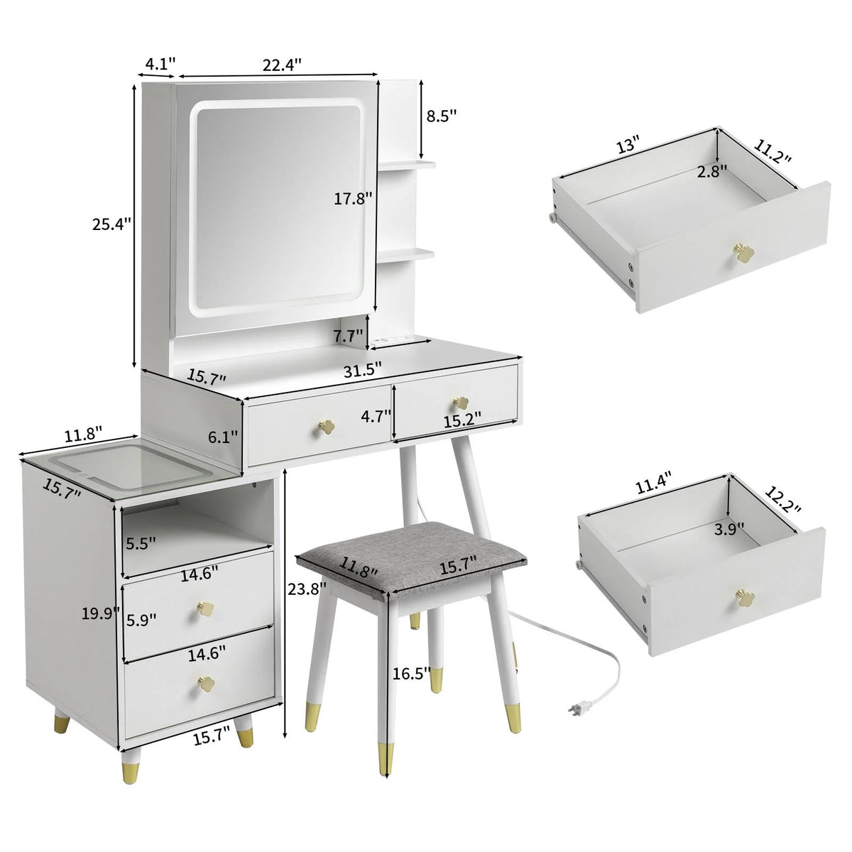 White Lighted Vanity Table Set with LED Nightstand V127