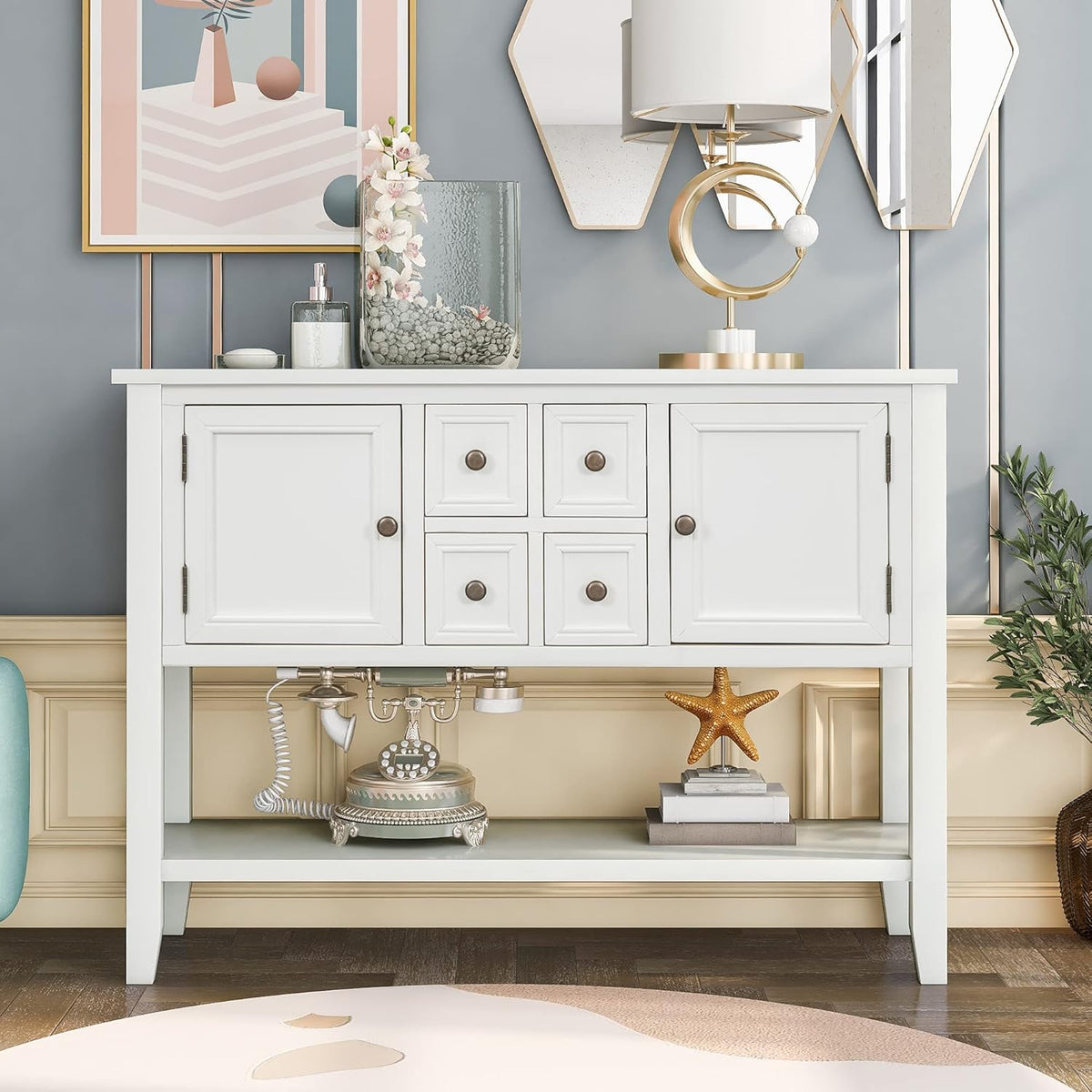 Navy Blue Solid Wood Console Table with 3 Drawers, 2 Cabinet, 1 Shelf U887