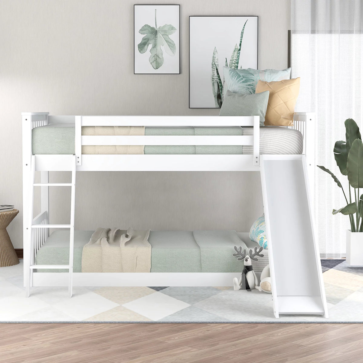 Twin over Twin Solid Wood Bunk Bed with Slide and Ladder V844613