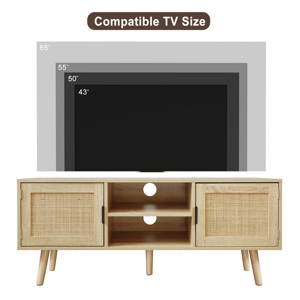Farmhouse Wood TV Stand for 55 Inch TV with 2 Rattan Doors F270827