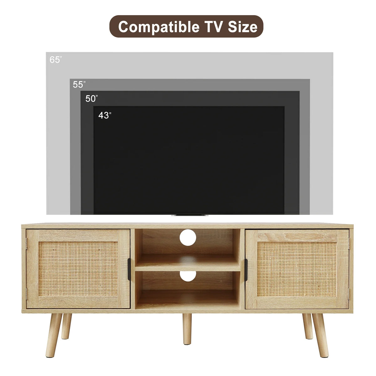 Farmhouse Wood TV Stand for 55 Inch TV with 2 Rattan Doors F270827