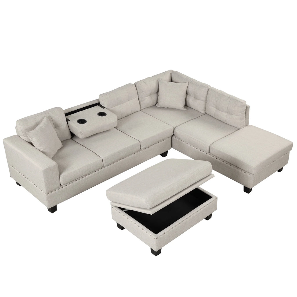 Light Gray Sectional Sofa with Storage Ottoman and Cup Holder D522