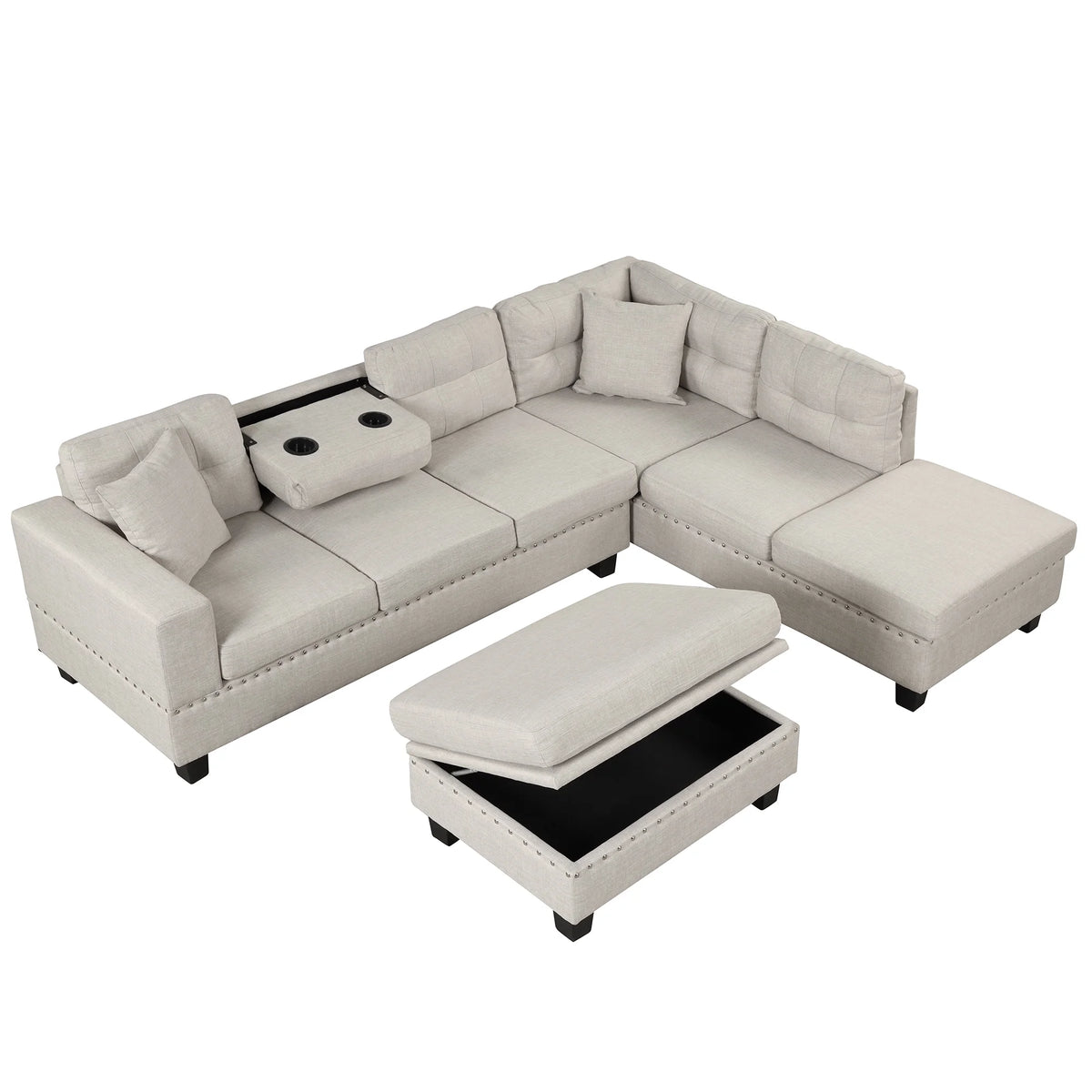 Light Gray Sectional Sofa with Storage Ottoman and Cup Holder D522