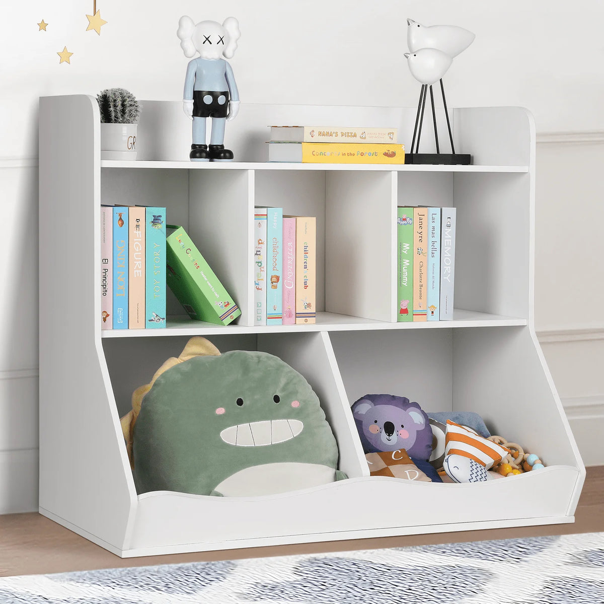 Kids Bookshelf with 3 Removable Toy Bins and 4 Tier Display Stand White L62811