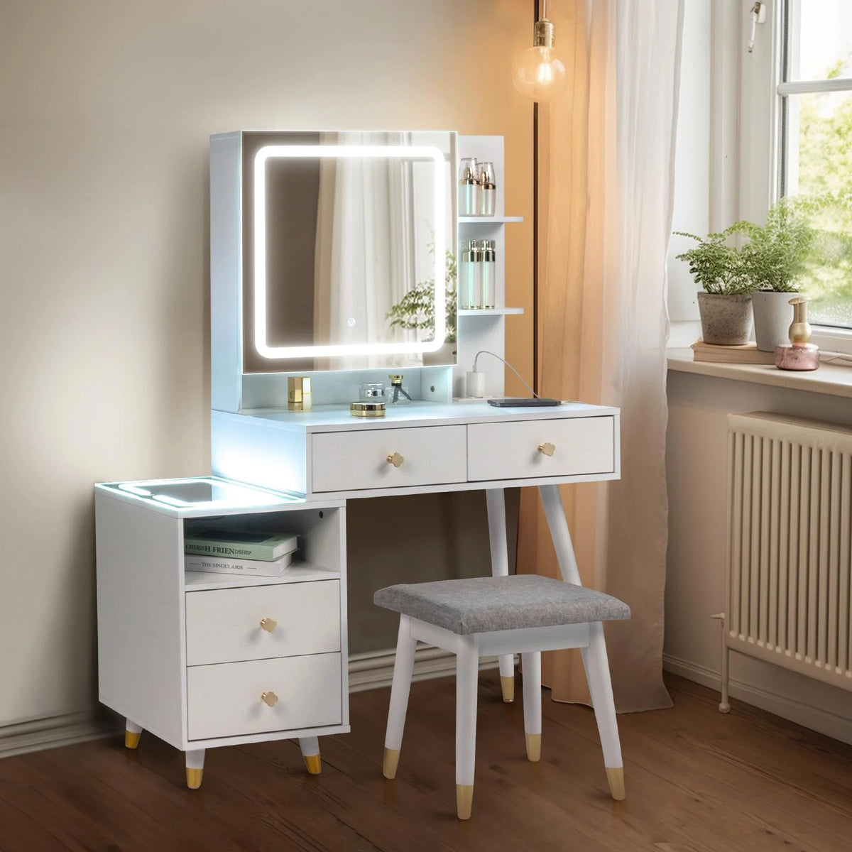 White Lighted Vanity Table Set with LED Nightstand V127