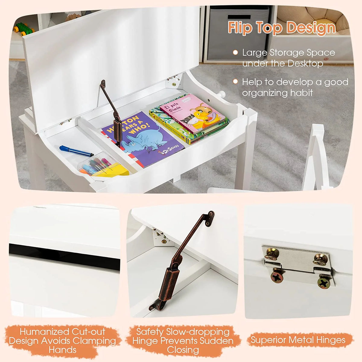 White Kids Table and Chair Set with Storage J433625