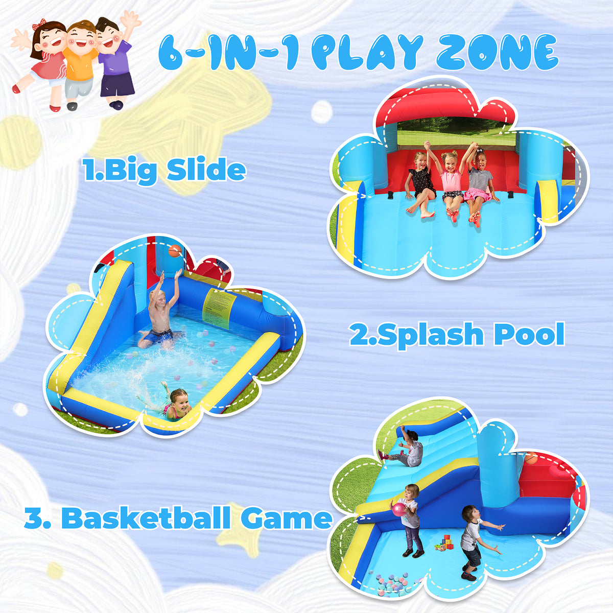 Inflatable Water Slide Bounce House with Splash Pool & Basketball Rim D959