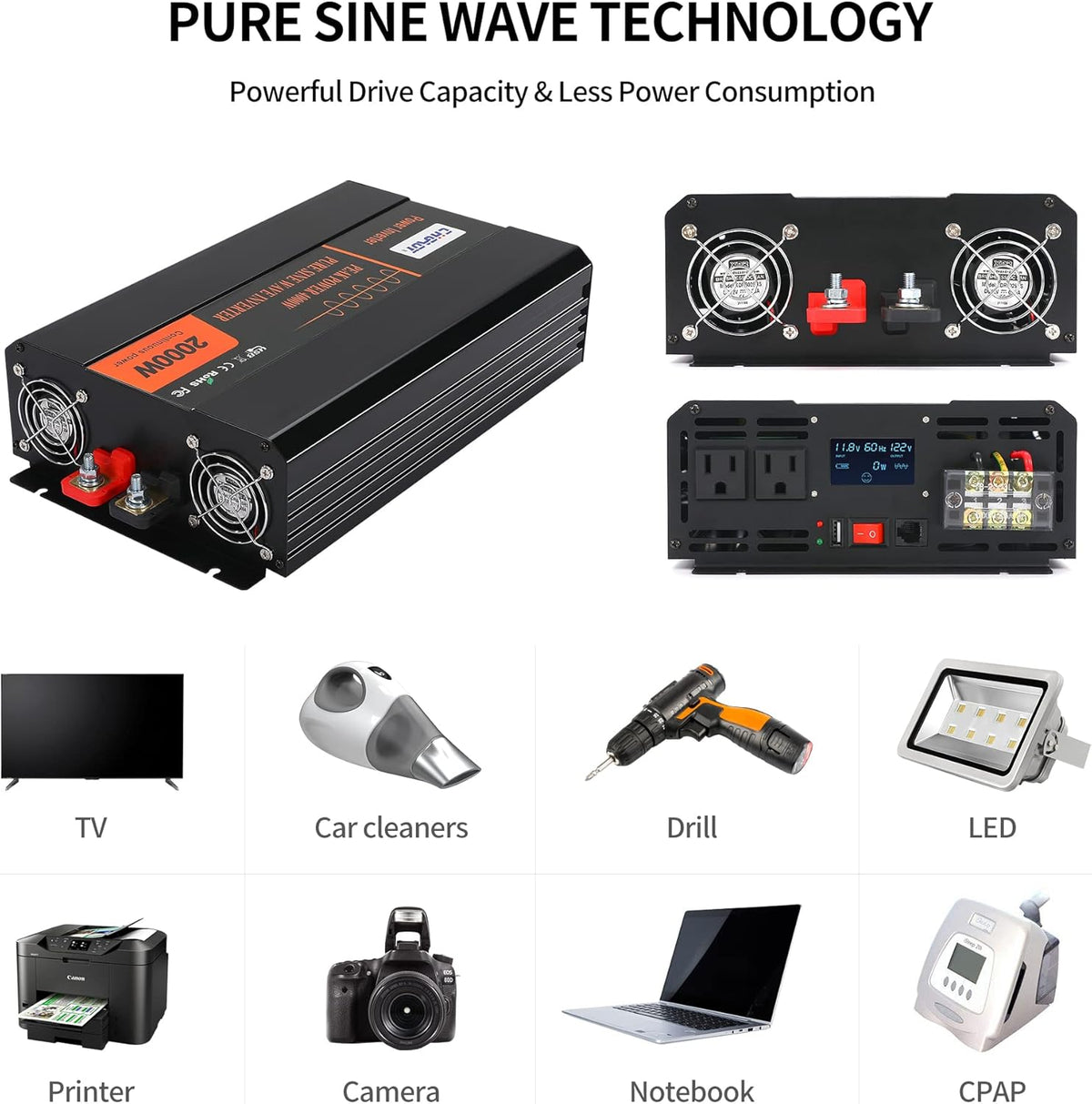 2000W Pure Sine Wave Power Inverter DC 12V to AC 120V with LCD Display Remote Control USB Port B739