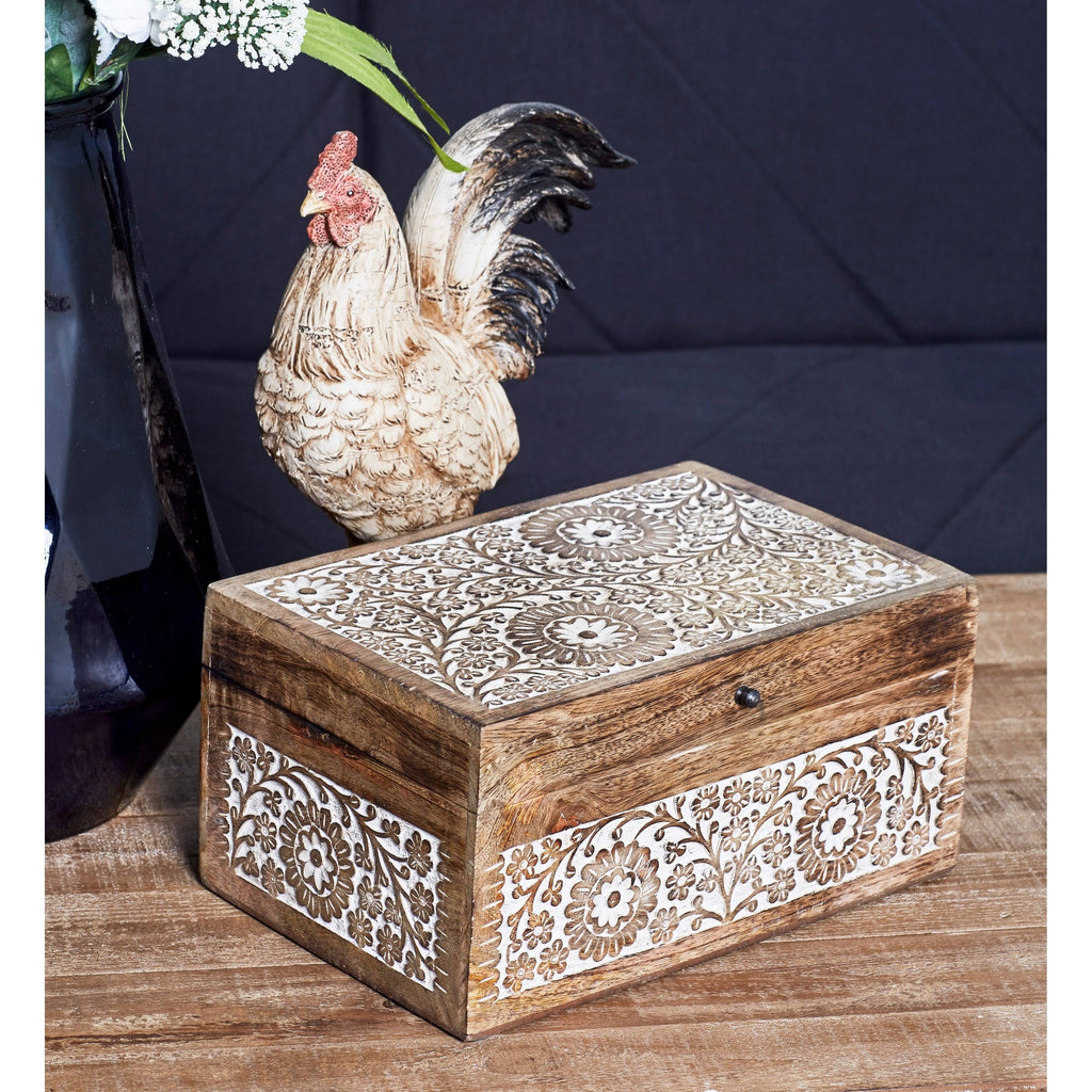 Set of 3 Mango Wood Carved Floral Boxes Brown L341