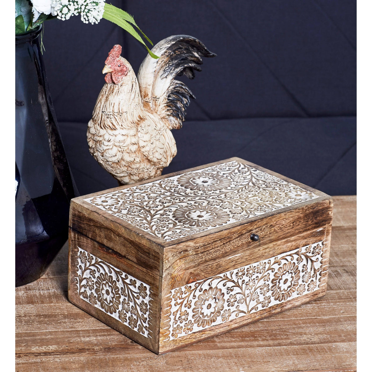 Set of 3 Mango Wood Carved Floral Boxes Brown L341