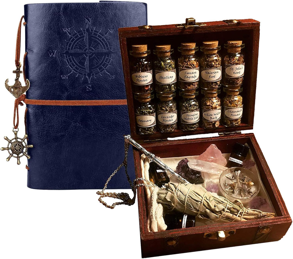 Wooden Box Witchcraft Travel Kit with Sage Incense and Rose Quartz Crystals I3626