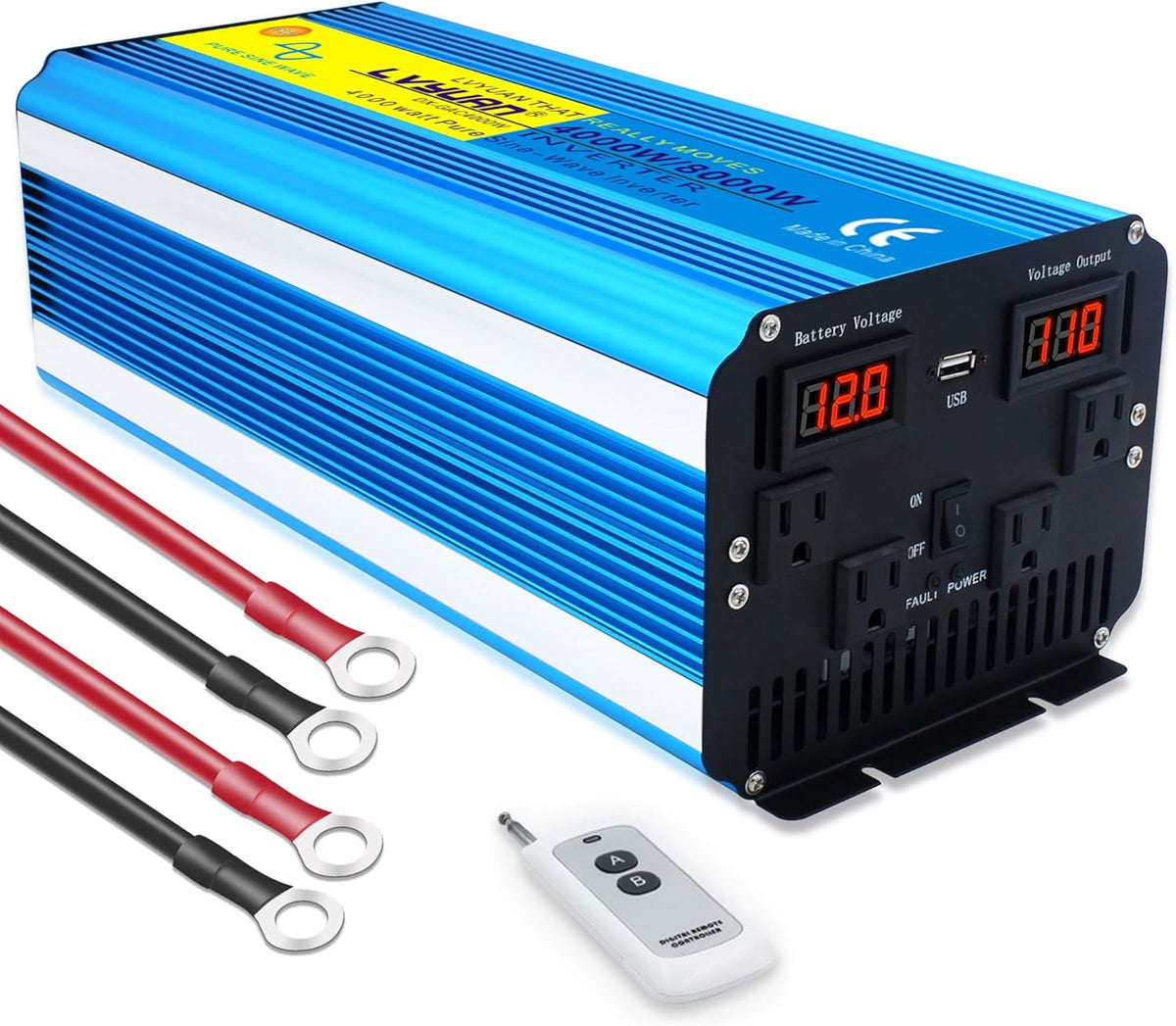 Pure Sine Wave Power Inverter 4000W 12V to 110V DC to AC with LED Display Remote Controller N330